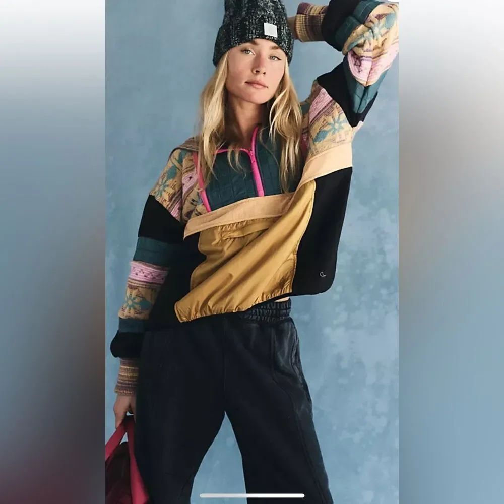 Free People To TheβPeak Quarter Zip FP Movement Colorful Patchwork Hoodie